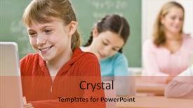  Presentation with classroom - Colorful PPT layouts enhanced with student using laptop in classroom backdrop and a red colored foreground