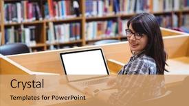  Presentation with student - Slide deck featuring student using laptop in library background and a coral colored foreground