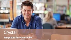  Presentation with student - Colorful slide deck enhanced with student using laptop in library backdrop and a coral colored foreground