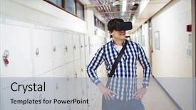  Presentation with locker room - PPT theme featuring student using virtual reality headset background and a  colored foreground