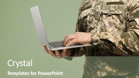  Presentation with veteran - Audience pleasing presentation consisting of student veteran - soldier with laptop on grey backdrop and a mint green colored foreground