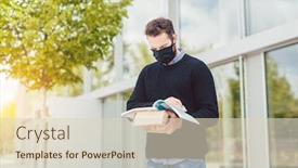  Presentation with university building - Presentation theme having student-wearing-mask-during-covid background and a soft green colored foreground