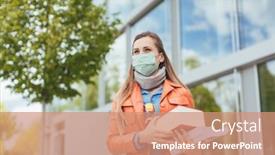  Presentation with university building - Audience pleasing PPT theme consisting of student-wearing-mask-during-covid backdrop and a coral colored foreground