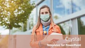  Presentation with university building - PPT layouts consisting of student-wearing-mask-during-covid background and a coral colored foreground