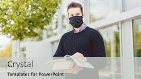  Presentation with university building - Audience pleasing slide deck consisting of student-wearing-mask-during-covid backdrop and a light gray colored foreground