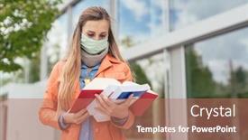  Presentation with university building - Audience pleasing presentation theme consisting of student-wearing-mask-during-covid backdrop and a coral colored foreground