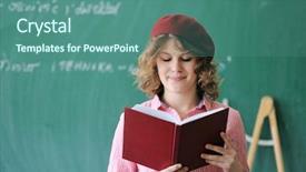  Presentation with child girl reading a book - Cool new PPT layouts with student with a french cap backdrop and a ocean colored foreground