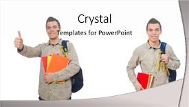  Presentation with backpack - Amazing presentation design having student with backpack and book backdrop and a white colored foreground