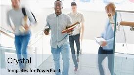  Presentation with book stairs - Slide deck enhanced with student with books at university background and a light blue colored foreground