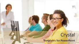  Presentation with school technology - Slide set with student with classmates in computer background and a yellow colored foreground