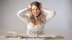  Presentation with books - Colorful slide set enhanced with student with desperate expression looking at her books backdrop and a mint green colored foreground