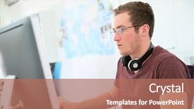  Presentation with desktop - Presentation design featuring student with eyeglasses sitting in front of desktop background and a coral colored foreground