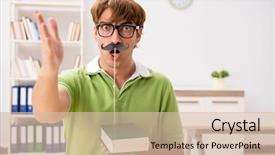  Presentation with reading - PPT layouts enhanced with student with fake moustache reading background and a soft green colored foreground