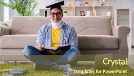  Presentation with test exam student - Colorful slide set enhanced with student with neck injury preparing backdrop and a  colored foreground