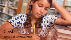  Presentation with books - Audience pleasing slide deck consisting of student with pencil and book backdrop and a  colored foreground