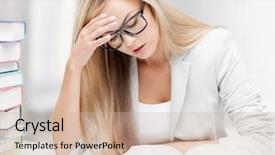  Presentation with pile - Slide deck featuring student with pile of books background and a  colored foreground