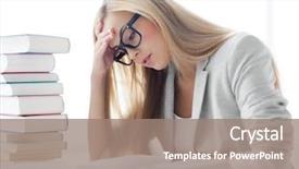  Presentation with pile - Cool new slide deck with student with pile of books backdrop and a coral colored foreground