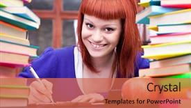  Presentation with female college student uti - Audience pleasing PPT theme consisting of student with red hair seat backdrop and a  colored foreground