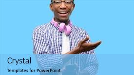  Presentation with black women student - Cool new PPT theme with student with smartphone holding something backdrop and a  colored foreground