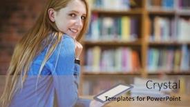  Presentation with university library - Audience pleasing PPT theme consisting of student-with-smartwatch-using-tablet backdrop and a  colored foreground