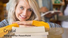  Presentation with book fair - Slide set featuring student with stack of book background and a yellow colored foreground