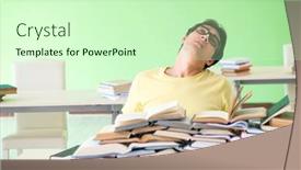  Presentation with many books - PPT theme featuring student with too many books to read before exam background and a soft green colored foreground