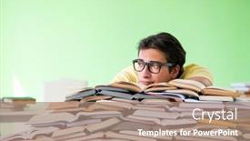  Presentation with many books - Slides consisting of student with too many books to read before exam background and a coral colored foreground