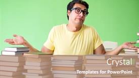  Presentation with many books - Colorful PPT theme enhanced with student with too many books to read before exam backdrop and a coral colored foreground