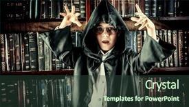  Presentation with many old books - Presentation design having student wizard - boy in black cape background and a tawny brown colored foreground