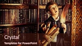  Presentation with many old books - Amazing slide set having student wizard - boy stands in the library backdrop and a wine colored foreground