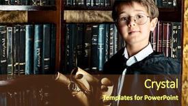  Presentation with many books - Audience pleasing presentation theme consisting of student wizard - boy stands in the library backdrop and a tawny brown colored foreground