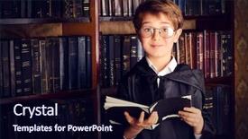 Presentation with many old books - Slide set consisting of student wizard - smart boy stands background and a wine colored foreground