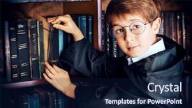  Presentation with many books - PPT theme having student wizard - smart boy stands background and a navy blue colored foreground