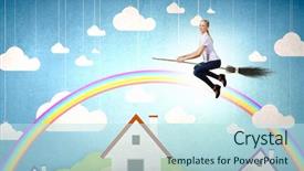  Presentation with wizard - Slides enhanced with student wizard - young girl in casual flying background and a  colored foreground