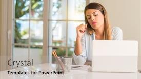  Presentation with overworked - Audience pleasing PPT theme consisting of student woman at table with laptop at home with sleepy expression being overworked and tired backdrop and a mint green colored foreground