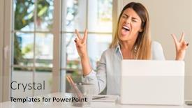  Presentation with laptop - Beautiful PPT theme featuring student-woman-at-table backdrop and a light gray colored foreground