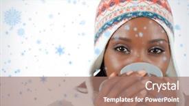  Presentation with falling snow - Slides having student woman enjoying a cup of tea in the cold against snow falling background and a coral colored foreground