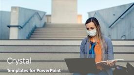  Presentation with stairs - Beautiful PPT theme featuring student-woman-sitting-on-empty backdrop and a gray colored foreground