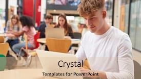  Presentation with college campus - Beautiful slide deck featuring student working in communal area backdrop and a  colored foreground