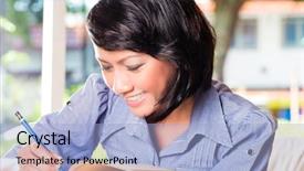  Presentation with student - Audience pleasing PPT layouts consisting of student-young-woman-or-girl backdrop and a light blue colored foreground