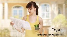 Presentation with tea - PPT theme consisting of studentread newspaper - beautiful woman drinks tea background and a lemonade colored foreground
