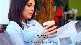  Presentation with office - Audience pleasing PPT theme consisting of studentread newspaper - happy young busineswoman sitting backdrop and a light blue colored foreground