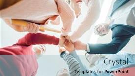  Presentation with team hands - Amazing PPT layouts having students and teacher stacking hands together as a team in school backdrop and a light blue colored foreground