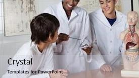  Presentation with diverse high school students - PPT theme having students at desk in science background and a light gray colored foreground