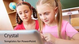  Presentation with attention - PPT theme featuring students attention - portrait of two schoolgirls looking background and a coral colored foreground