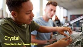  Presentation with university building - Audience pleasing PPT layouts consisting of students building machine in science backdrop and a tawny brown colored foreground