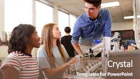  Presentation with college students - Slide deck enhanced with students building machine in science background and a violet colored foreground