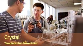  Presentation with college students - PPT layouts featuring students building machine in science background and a tawny brown colored foreground