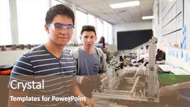  Presentation with college students - Presentation theme featuring students building machine in science background and a coral colored foreground
