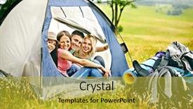  Presentation with tent - Cool new PPT layouts with students camp - happy group people with backpack backdrop and a  colored foreground